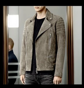 ALLSAINTS Men’s Sz XL Grey Suede Biker Jacket Runs Small Good Condition - Picture 1 of 3