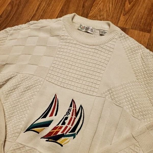 Vintage 90s Sailing Sweater Men Medium White Sailing Graphic Crewneck Van Heusen - Picture 1 of 7