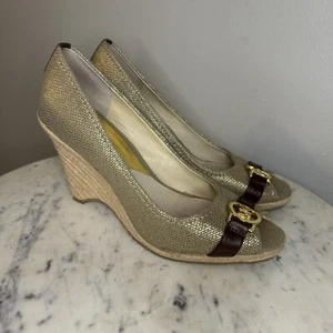 Michael Kors Size 10 Gold Leather Wedge Heel Women's Shoes Logo -Y - Picture 1 of 8