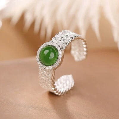 K02 Anello Motivo Intrecciato Rotondi Verde Jade Argento Sterling 925 Regolabile - Immagine 1 di 4