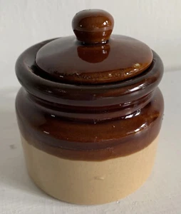 Vintage Crock Bean Cheese Pot Stoneware Pottery Jar With Lid Brown Tan - Picture 1 of 7