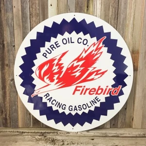 Pure Firebird Gasoline Gas Oil 24" Large Embossed Round Metal Tin Sign Vintage - Picture 1 of 2
