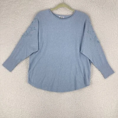 Vila Milano синий вязаный пуловер рубашка женщин вышитый 3/4 рукав размер большой - Изображение 1 из 4