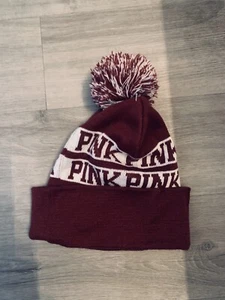 Victoria Secret Pink Womens Beanie Toboggan Cap Pom Striped Winter Hat Burgundy - Picture 1 of 3
