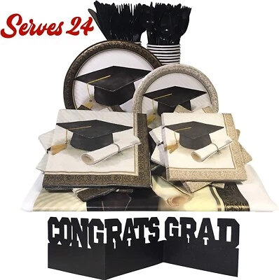 NEW Graduation Party Paper Plates with Napkins, Cups, Utensils and Tablecloth - Image 1 of 4