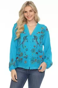 Johnny Was Aqua Helen Puff Sleeve Blouse C10624-1 - Picture 1 of 12