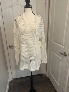 Artelier Nicole Miller White Open Knit Hoodie Sweater Swimsuit Cover Up L - Picture 1 of 5