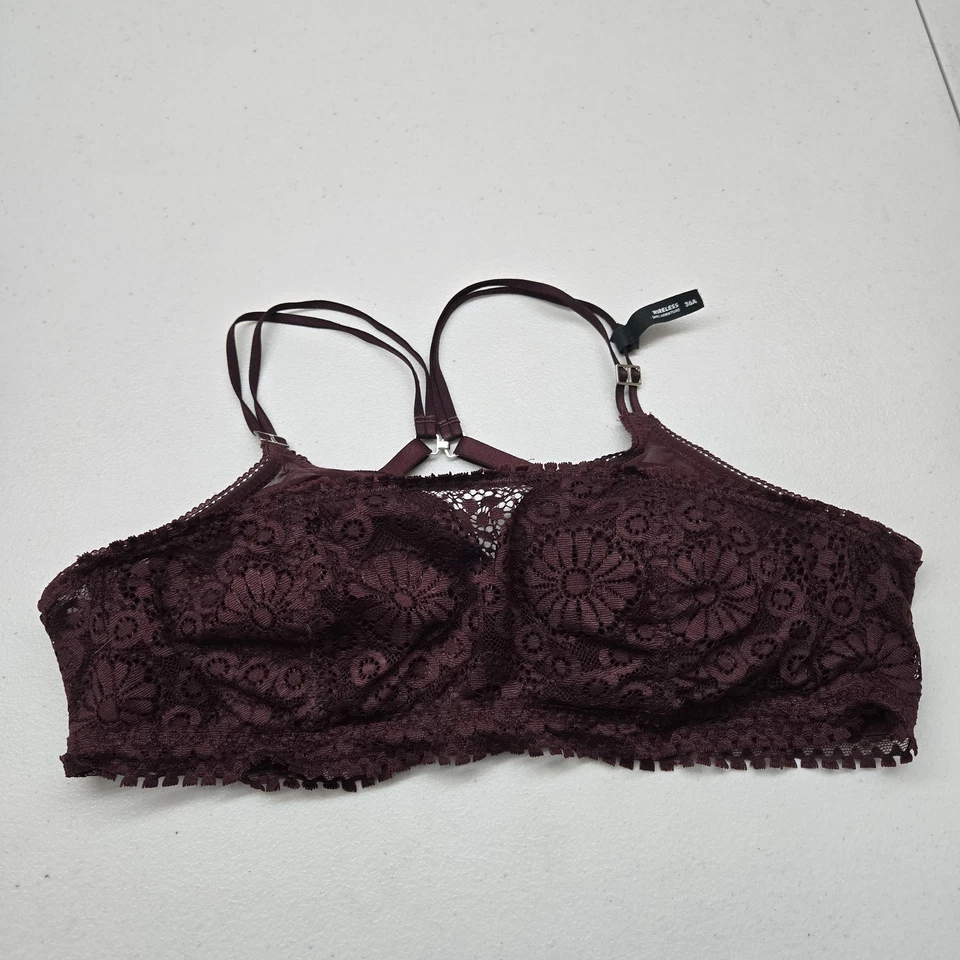 Aerie Women Bra 36A Burgundy Floral Real Power Bralette Wireless Lace Strap - Image 1 of 4