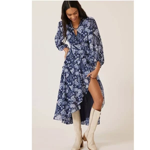 Neu Anthropologie Hutch Geo Blumen Wickel Maxi Kleid $ 198 LARGE PETITE blau  - Bild 1 von 7