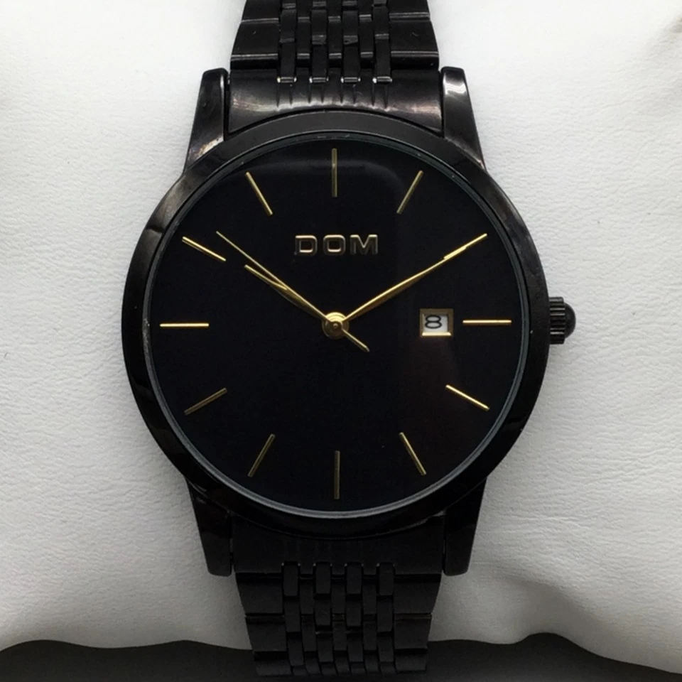 DOM Watch Mens 40mm Gold Tone Black Date Stainless Steel New Battery 7.75" - Image 1 of 4