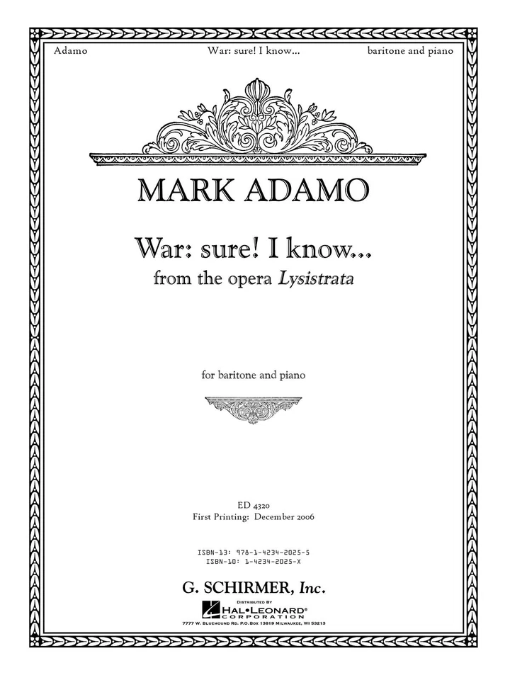 War Sure I Know Lysistrata Opera Aria for Baritone & Piano Vocal Sheet Music - Image 1 of 1