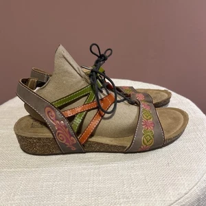 Spring Step L'Artiste 41 Gray Floral Leather Loma Lace Up Cork Wedge Sandals 9.5 - Picture 1 of 10