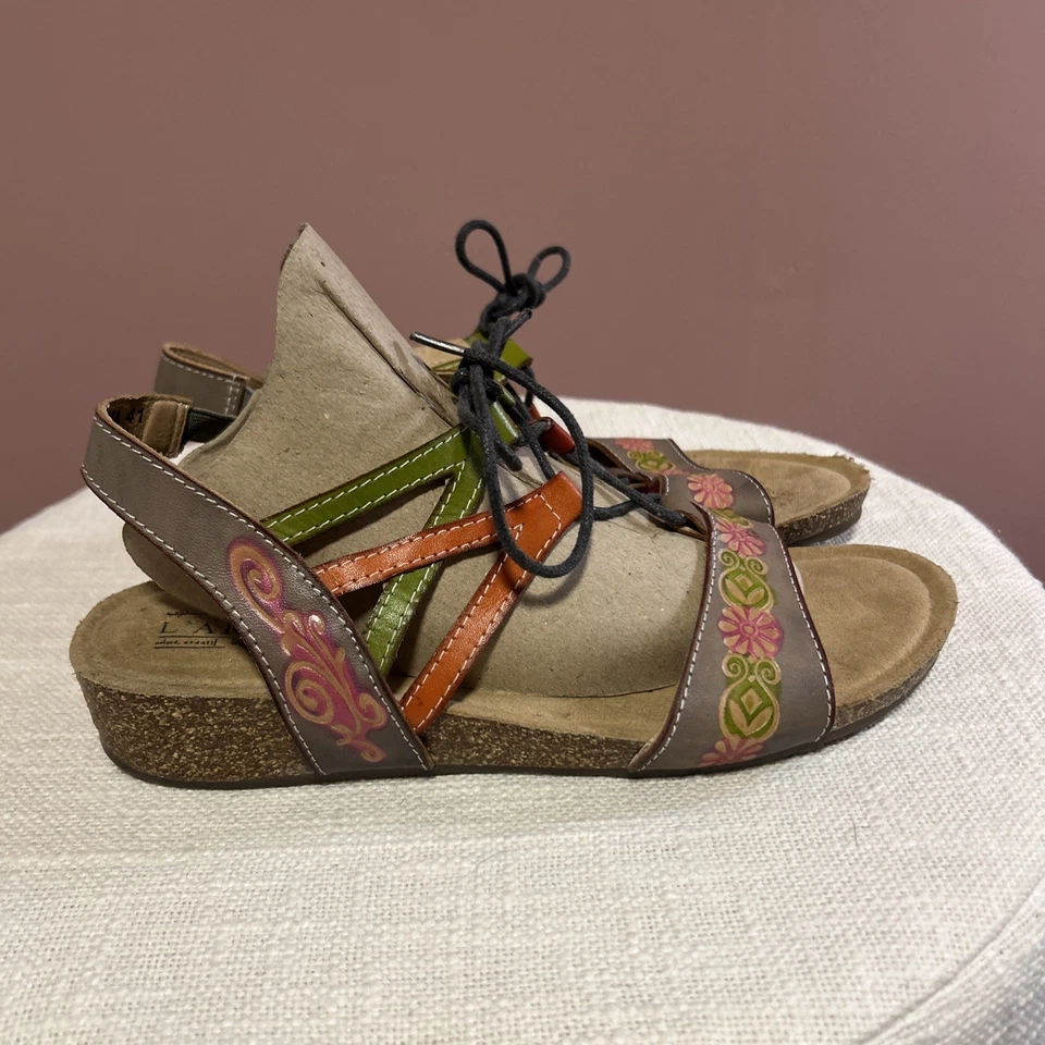 Spring Step L'Artiste 41 Gray Floral Leather Loma Lace Up Cork Wedge Sandals 9.5 - Image 1 of 4