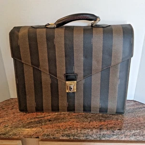 Vintage Fendi Pequin Coated Canvas Striped Briefcase - Picture 1 of 11