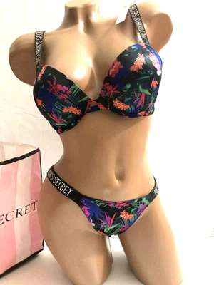 Victoria’s Secret Brillo Logo Correa Push-up Sujetador y Panty Conjunto Moonlit Tropic Nuevo con Etiquetas Foto 1 de 4
