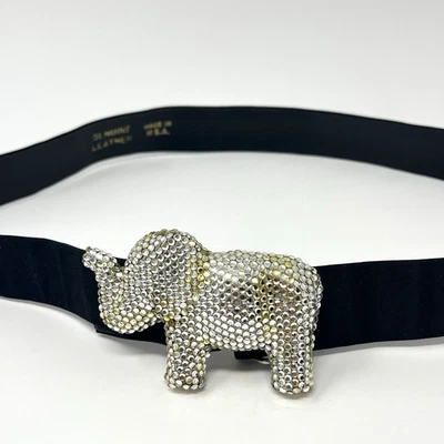 Cinturón Elefante Estrás Hebilla Tono Plateado De Colección Cinturón Cuero Negro Lona 40" Foto 1 de 4