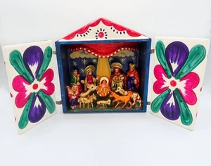 Handmade Clay Folk Art Retablo Nativity Scene Christmas Diorama 6.5” Peru - Picture 1 of 21
