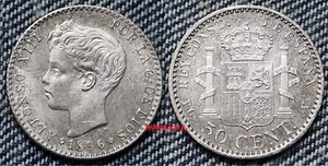 Alfonso XIII 50 Céntimos 1896 OREJA RAYADA SIN CIRCULAR BRILLO ORIGINAL ASÍ RARA - Foto 1 di 4