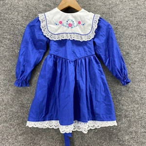 Bryan Dress Girls 5 Blue Sheath Short Crew Neck Long Sleeve Button Cotton Belted - Picture 1 of 7