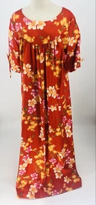 Vestido Mumu Hawaiano Vintage Ui-Maikai Aloha Maxi Grande Rojo/Naranja Floral Años 60 - Imagen 1 de 6