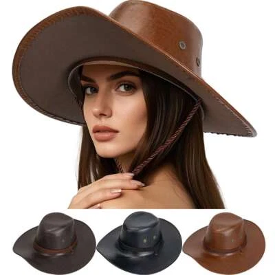 Boné balde masculino feminino couro ecológico cowboy vaqueira aba larga chapéu ocidental ao ar livre - Imagem 1 de 4