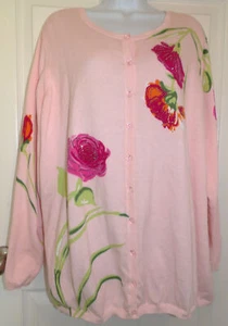 NWOT Pink w/Rose Print QUACKER FACTORY Long Sleeve Cardigan Glass Buttons - 3X - Picture 1 of 2