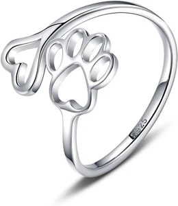 Puppy Pet Lovers Paw Print Ring Heart 925 Sterling Silver Adjustable Ring Pet An - Picture 1 of 7