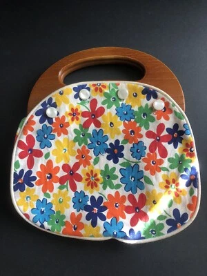 Vintage 1970s Flower Power Floral Design Cloth Purse With Wooden Handles - Image 1 of 4