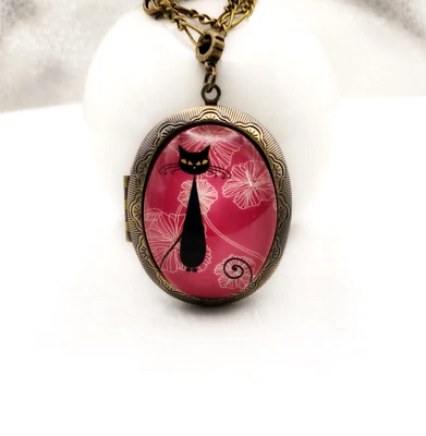 Halskette mit Medaillon schwarze katze Cabochon Kater Tiere Halsschmuck Geschenk - Bild 1 von 4