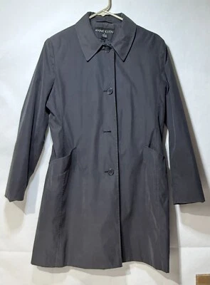 Anne Klein Rain Coat Long Womens 6 Black Lined Button-Front Collared Long Sleeve - Image 1 of 4