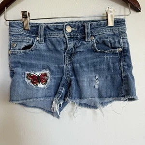 Miss Me Girls Blue Distressed Denim Shorts with Butterfly Patch size 10 GUC - Picture 1 of 17