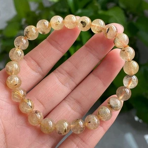 8mm Natural Gold Rutilated Quartz Crystal Beads Bracelet - Picture 1 of 8