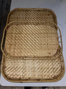 Vintage Mid Century Wicker Rattan Bamboo Serving Trays Tiki Lap Stacking- 8 - Picture 1 of 13