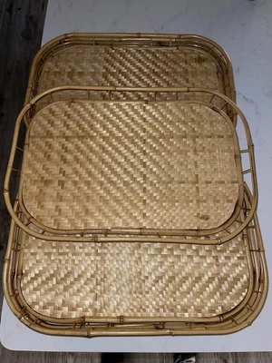 Vintage Mid Century Wicker Rattan Bamboo Serving Trays Tiki Lap Stacking- 8 - Image 1 of 4