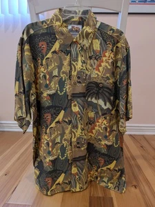 Vintage 90s Paradise Cove Hawaiian Shirt Sz L Black Polynesian historical print - Picture 1 of 5