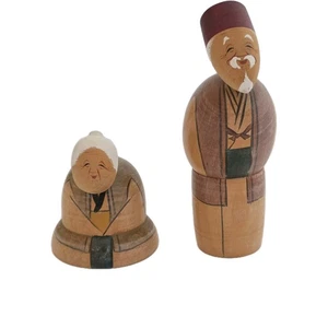 Vintage  Japanese Kokeshi Grandparents Grandma and Grandpa Wood Handmade Dolls - Picture 1 of 12