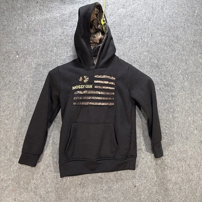 Mossy Oak Pullover Sweatshirt Kids 5/6 Hooded Pocket Flag Camouflage Black - Image 1 of 3