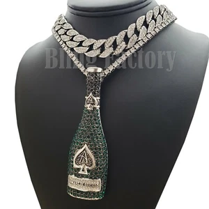 ACE OF SPADE LIQUOR BOTTLE & 18" Full Iced Cuban & 1 ROW Tennis Choker Chain Set - Picture 1 of 14