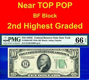 1934C $10 Federal Reserve Note PMG 66EPQ 2nd Finest New York BF Block Fr 2008-BW - Picture 1 of 4