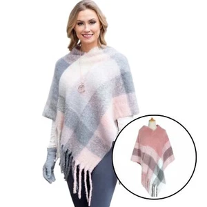 C-Mode Herbst/Winter verdicktes Damen Schal Quaste kariert Überkopf Cape rosa - Bild 1 von 8