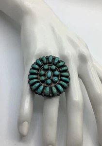 AMAZING ZUNI/ NATIVE AM. TURQUOISE PETIT POINT CLUSTER STERLING SILVER RING-SZ 8 - Picture 1 of 9