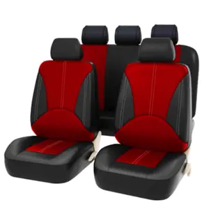 9Pc Car Seat Covers Pu Leather Universal Protector Full Set Front Rear Black/Red - Picture 1 of 9