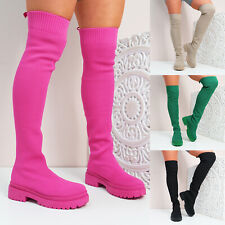 WOMENS LADIES OVER THE KNEE KNIT BOOTS CHUNKY SOLE OTK KNEE HIGH WOMEN SHOES