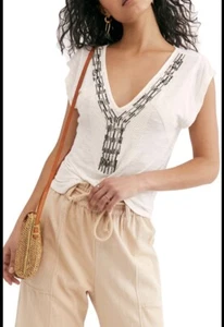 New Free People Ivory Maya embellished V-neck Boho Fairy Top XS - Picture 1 of 7