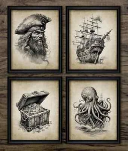 Pirate Print Set of 4, Vintage Style Wall Art, Kraken Pirate Ship Treasure - Picture 1 of 1