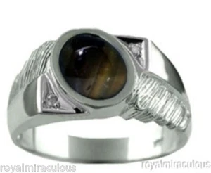 Diamond Ring Tigers Eye 14K White Gold - Picture 1 of 7