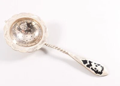 Sieb Silber 800 Teesieb fein Ziseliert gedrehter Schaft schwarz emailliert - Bild 1 von 4