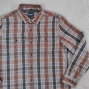prAna Shirt Mens Medium Brown Gray Westbrook Flannel Plaid Long Sleeve Button Up - Picture 1 of 24