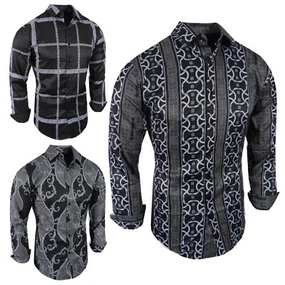 Designer Italian Mens Shirt Floral Luxury Stripe Prints Stretch Slim Fit Button - Image 1 of 2