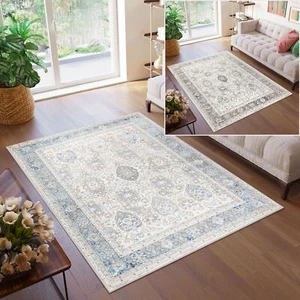 Teppich Kurzflor Modern Grau Blau Beige Vintage Ornamental Verwischt Wohnzimmer - Bild 1 von 23